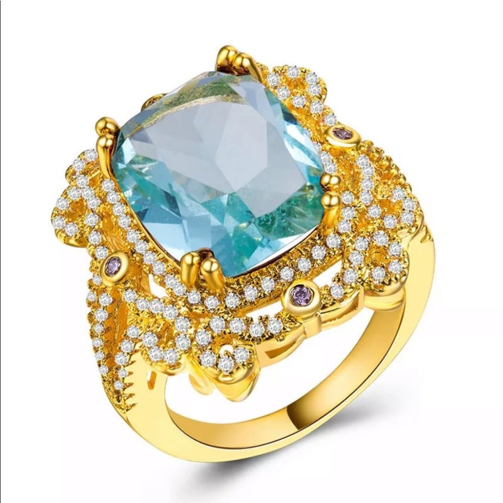 New 18k gold plated blue aquamarine luxury ring - Picture 3 of 5